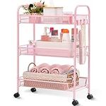 APEXCHASER 3-Tier Rolling Cart,Easy Assemble Mobile Storage Trolley On Wheels,Slide Out Utility Cart Shelving Units Kitchen Bathroom Laundry Room,Pink