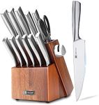 Kitchen Knife Set, Hanmaster 13 Pieces Stainless Steel Knife Sets for Kitchen with Block, Acacia Wood Knife Block Set with Sharpener, Gift Box Packed, Sliver.