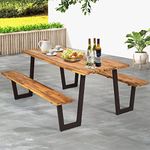 ORALNER Picnic Table and Bench Set, Outdoor Acacia Wood Picnic Table with 2 Benches, 2” Umbrella Hole Tabletop, Steel Frame, Outdoor Dining Table for Garden Picnic, Backyard Party, BBQ