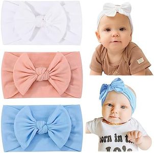 jollybows 3PCS Baby Nylon Headbands Hairbands Hair Bow Elastics for Baby Girls Newborn Infant Toddlers Kids (4-White+Pink+Blue, 1 Count (Pack of 3))