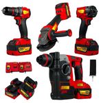 XLNT 4-Tool Cordless Power Tool Combo Kit, 13mm Drill, Angle Grinder, 1/2-inch Impact Wrench, Rotary Hammer, 4x 5.0Ah Batteries, 2x Fast Charger, Brushless Motors, BMC Box, High Quality