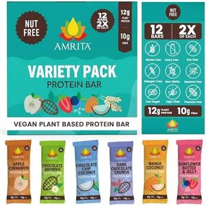 AMRITA Variety Pack (12 bars) Vegan Protein Bars | Peanut Free, Soy Free, Gluten Free Sampler Pack | High Fiber Meal Replacement Bar, Healthy Snacks | Paleo Snack, Dairy Free, Plant Based Energy Bars | No Sugar Alcohol