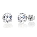 14k White Gold Solitaire Round Cubic Zirconia CZ Stud Earrings in Secure Screw-backs (5mm)