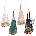 BELLE VOUS Mesh Shopping Bags (4 Pack) - Cotton String Net Grocery Turtle Tote Bag with Handle - Portable, Reusable & Washable Handbag - Fruit, Vegetable, Produce & Beach Toy Storage