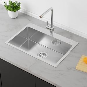 Lavandino Cucina 65 x 45 cm, Auralum Lavello Cucina 1 Vasca, Lavabo Cucina in Acciaio Inox, Lavello con Sifone e Set di Drenaggio (NO Dispenser Sapone)