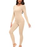 Ganado Thermal Underwear Set for Women Fleece Lined Long Johns with Long Sleeves Tops Soft Base Layer 2 Pieces Pajama Sets(Beige,Small)