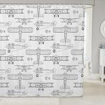 Manfei Airplane Kids Shower Curtains,Hand-Painted Sketch American Aircraft Bathroom Curtains for Girls Boys Adults,Air Vehicles Cartoon Black White Waterproof Curtains,12 Hooks Suits,72" W x 78" L