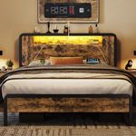 Yaheetech Queen Bed Frame Metal Bed with Wooden Headboard/Footboard, Storage Space and Adjustable LED Light, Mattress Foundation, Charging Station/Port, No Box Spring Needed, Rustic Brown Queen Bed