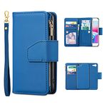 EYZUTAK Case for iPhone SE(5G) 2022 iPhone 7 iPhone 8 iPhone SE 2020, Glossy PU Leather 9 Card Slots Magnetic Closure 2 in 1 Folio Flip Detachable Wrist Strap Lanyard Zipper Wallet Back Cover - Blue