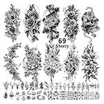 Leesgel Temporary Tattoos for Women, 69 Sheets Realistic Fake Tattoos for Adults Arm Waist Foot Rose Flowers Heart Butterfly Tattoo Stickers, Semi Permanent Stick on Transfer Paper Decorations