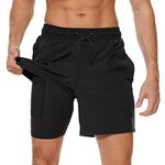 Arcweg Men's Swim Trunks Mens Swimming Shorts with Compression Liner Quick Dry Stretchy 2 in 1 Board Shorts with Zipper Pockets Black S (UK)