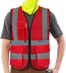 A-SAFETY High Visibility Mesh Safety Reflective Vest with Pockets and Zipper,Hi Viz Work Vest for Men Women (Red Mesh 4XL-5XL)