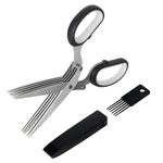 GEEKHOM Herb Scissors, Kitchen Herb Shears 5 Stainless Steel Blades Cutter Sharp Cooking Scissors with Safety Cover and Cleaning Comb for Chopping Chive Onion Cilantro Vegetables, Black