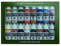 Vallejo 70101 - Vallejo Model Color Folkstone Basics Acrylic Paint Set - 16 x Assorted 17millimeter Colour, Beige/Blue/Brown/Gold/Green/Grey/Orange/Red/Silver/Yellow