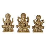 Kartique Brass Laxmi Ganesh Saraswati Idol for Home Puja Office Success Entrance Decor Pooja Good Luck Gift Gold Color 4.5 Inch