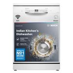 Bosch 14 Place Setting Free Standing Dishwasher for Indian Utensils, WiFi Enabled, Intensive Kadhai Program, Inbuilt Heater, Fits Up to 80 Utensils, White (SMS6IKW01I)