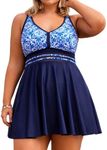 Plus Size Elegant Two Piece Swimdress for Women Floral Skirted Swimsuit for Summer 28 Plus, White Blue Flowers