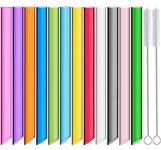 ALINK 12-Pack Reusable Plastic Boba Straws, 13 mm x 10.5 inch Long Wide Clear Smoothie Straws for Bubble Tea, Tapioca Pearls, Milkshakes with 2 Cleaning Brush - Pointed Design