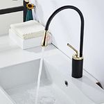 GOSAI Premium Brass Slim Single Lever Wash Basin Faucet Mixer/Kitchen Tap Sink Mixer hot and Cold Water Black Gold Finish with Connection Pipe 24 inch Long Hot and Cold Water (Black Gold)