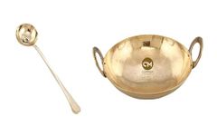 Copper-Master Heavy Weight Brass Kadhai for Cooking Food Export Quality and Pure Brass Ladle Cooking & Serving Spoon Heavy Weight 13 inch Premium Ladle (Golchi)