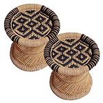 Pure Handmade Bamboo mudda Stool/Chair for Living Room/Office/Home/Indoor/Outdoor Garden with Round Shape with Combo Pack of-2 (15X15) with Flower Design