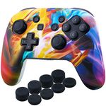 YoRHa Studded Transfer Pringt Silicone Cover Skin Case Only for OFFICIAL Switch Pro Controller x 1(Colourful Stream) With Pro Thumb Grips x 8