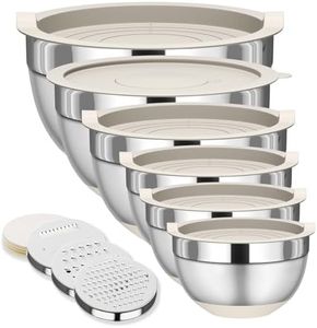 Fyrnova Mixing Bowls with Lids Set, 6 Piece Stainless Steel Nesting Storage Bowls for Kitchen, with 3 Grater Attachments & Non-Slip Bottoms, Size 5.5,3.5,2.5,2.1,1.5,1.1 QT