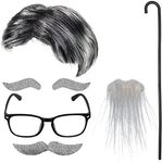 Keymall Old Man Wig and Mustache Set Grandpa Costume Accessories Kit with Grey Wig Fake Beard Eyebrows Cane Glasses for Men Adults Teens (Grey Wig Set)