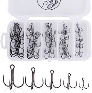 UCEC Fishing Hooks Treble Hooks Kit for Saltwater Freshwater, High Carbon Steel Hooks Strong Sharp Round Bend for Catfish Trout Hard Baits Lures Fishing, Size 2# 4# 6# 8# 10#, 50pcs/Box