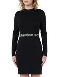 Calvin Klein Jeans Women Logo Elastic Milano LS Dress Fit & Flare Dresses Black, M