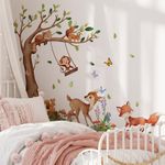 Runtoo Forest Baby Animals Wall Art Decals Jungle Tree Wall Stickers Nursery Kids Room Classroom Wall Decor Birthday Decoration