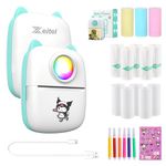 ZEITEL® Mini Bluetooth Thermal Printer with LED, Portable Label Inkfree Mini Printer for Android & iOS System, Black on White Thermal Printer with 13 Roll of Paper, 5 Color Pen, 1 Kuromi Sticker, Blue
