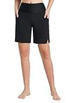 BALEAF Women's 7" Quick Dry Swim Board Shorts High Waisted UPF 50+ Swimsuit Bottom with Liner Pockets Black XL