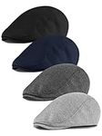 KUTTOR 4 Pieces Newsboy Men's Hat Newsboy Cap Flat Cap Soft Stretch Fit Men Cap Cabbie Hunting Cap for Men Outdoor Daily Use, Dark Grey, Light Grey, Navy Blue, Black, Medium