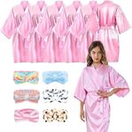 MSYU Girls Spa Robe, Set of 12 Pink Satin Kimono Bathrobes with Skincare Headbands for Salon Wedding Birthday Party Supplies - Tag Size 12