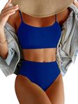 JJAI Womens High Waisted Bikini Set Ribbed Two Piece Bathing Suits Swimsuit Spaghetti Strap Swimwear Royal Blue