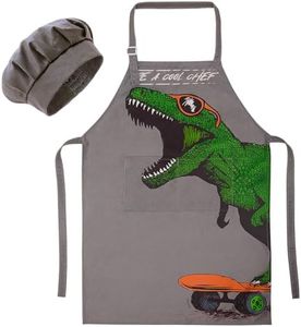 MHJY Kids Apron and Chef Hat for Boys Dinosaur Child Aprons with Pockets, Child Apron for Cooking Baking Painting 3-12 Years