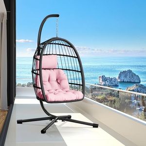 CHABATREE Egg Chair with Stand,Patio Rattan Wicker Hanging Swing Egg Chair Hammock Chair for Bedroom Porch Garden,Thickened Aluminum Alloy Steel Frame and UV Resistant Cushion,350LBS Capacity