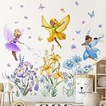 HaoFuJi Large Flower Fairy Wall Stickers Room Decor for Bedroom Girls Vinyl Butterfly Wall Decal Removable Floral Wall Murals Peel and Stick Kids Wall Art Wallpaper Living Room Nursery Playroom