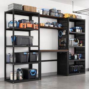 FLEXIMOUNTS Garage Storage System with Workbench, Pegboard & Shelving, 117" Modular Garage System, Heavy Duty Steel Storage Rack & Tool Organizer for Garage Workshop, Black, FLEXIMOD Series