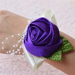 USIX 2pc Pack-Handmade Satin Rose Wrist Corsage with Elastic Lace Wristband for Girl Bridesmaid Wrist Corsage Party Prom Flower Corsage Hand Flower (Purple)