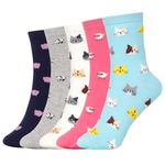 EOAMGO Crew Socks Womens 4-7, Seamless Soft Top Socks for Women, Ladies Socks 4-7 Multipack Cotton, 5 Pairs Over-Ankle Length Colourful Animal Patterns Womens Crew Socks, Birthday Gifts for Women