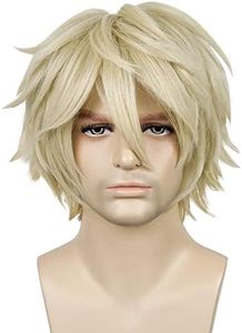 LABEAUTÉ Short Blonde Wig Male Men, Anime Fluffy Golden Cosplay Wigs With Bangs Unisex Heat Resistant Hair for Party Halloween + Free Cap