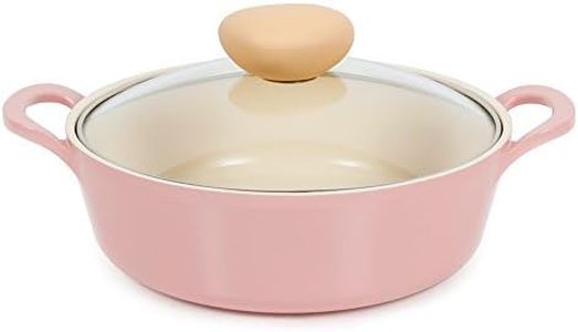 Neoflam Retro 2qt Non-Stick Ceramic Coated Stockpot with Integrated Steam Vent, Silicone Hot Handle Holder Included, Saute Pot, Casserole, Dutch Oven, 2-QT Low w/Glass Lid, Pink