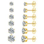 18K Yellow Gold Plated Round Clear Cubic Zirconia Stud Earring Pack of 6 Pairs 3-8mm