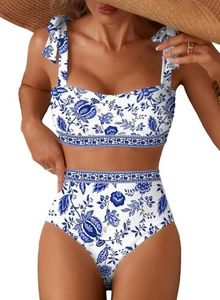 Herseas Women's Tie Shoulder Bikini Sets 2 Piece Striped Swimsuits High Waisted Bathing Suits