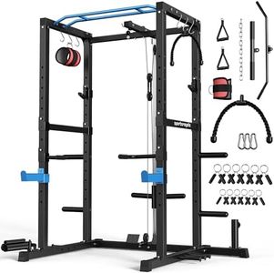 Sportsroyals Power Rack, Multi-Functional Power Cage with LAT Pulldown Pulley System, Squat Rack with More Training Attachments for Home Gym (Blue)，1200 lbs Weight Capacity