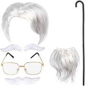Keymall Old Man Wig and Mustache Set Grandpa Costume Accessories Kit with Grey Wig Fake Beard Eyebrows Cane Glasses for Men Adults Teens (Silver Wig Set)