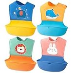 Cute Silicone Baby Bibs for Babies & Toddlers (10-72 Months) Adjustable Waterproof Baby Feeding Bibs With Large Front Pocket -4 Pack