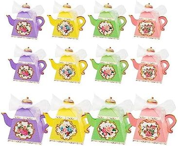 OPUHOHR 12PCS Flower Tea Party Gift boxes, Vintage Teapot Candy Boxes, Paper Candy Treat Boxes for Tea Garden Wedding Bridal Birthday Baby Shower